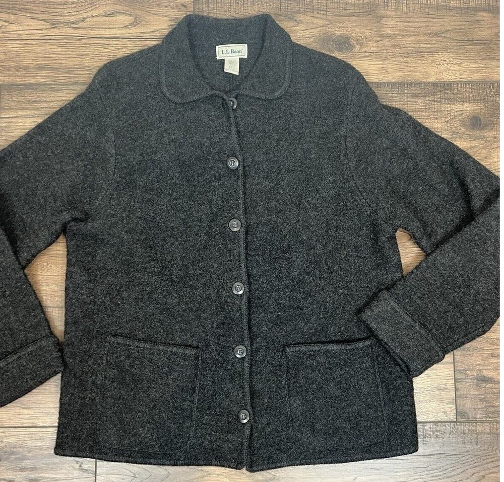 Vintage LL Bean Wool Jacket Full Button Cardigan Woman’s L Black Gray